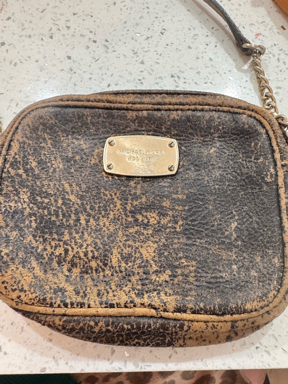 Michael Kors Distressed Two-Tone Brown Leather Crossbody with Gold Hardware